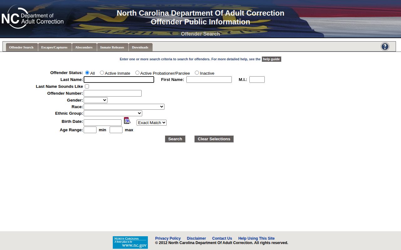 Montgomery County released inmate search form in NCDAC OPI