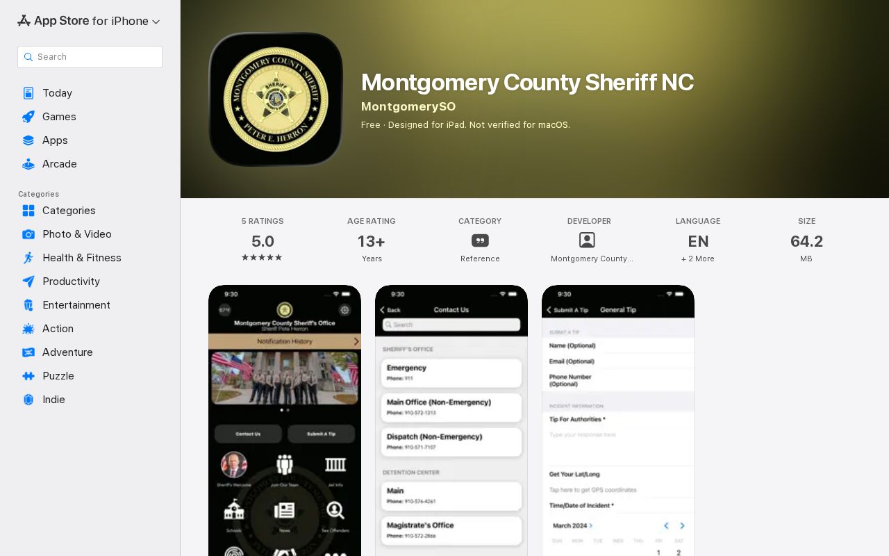 Montgomery County Sheriff app listing with no verified released-inmate mugshot feature